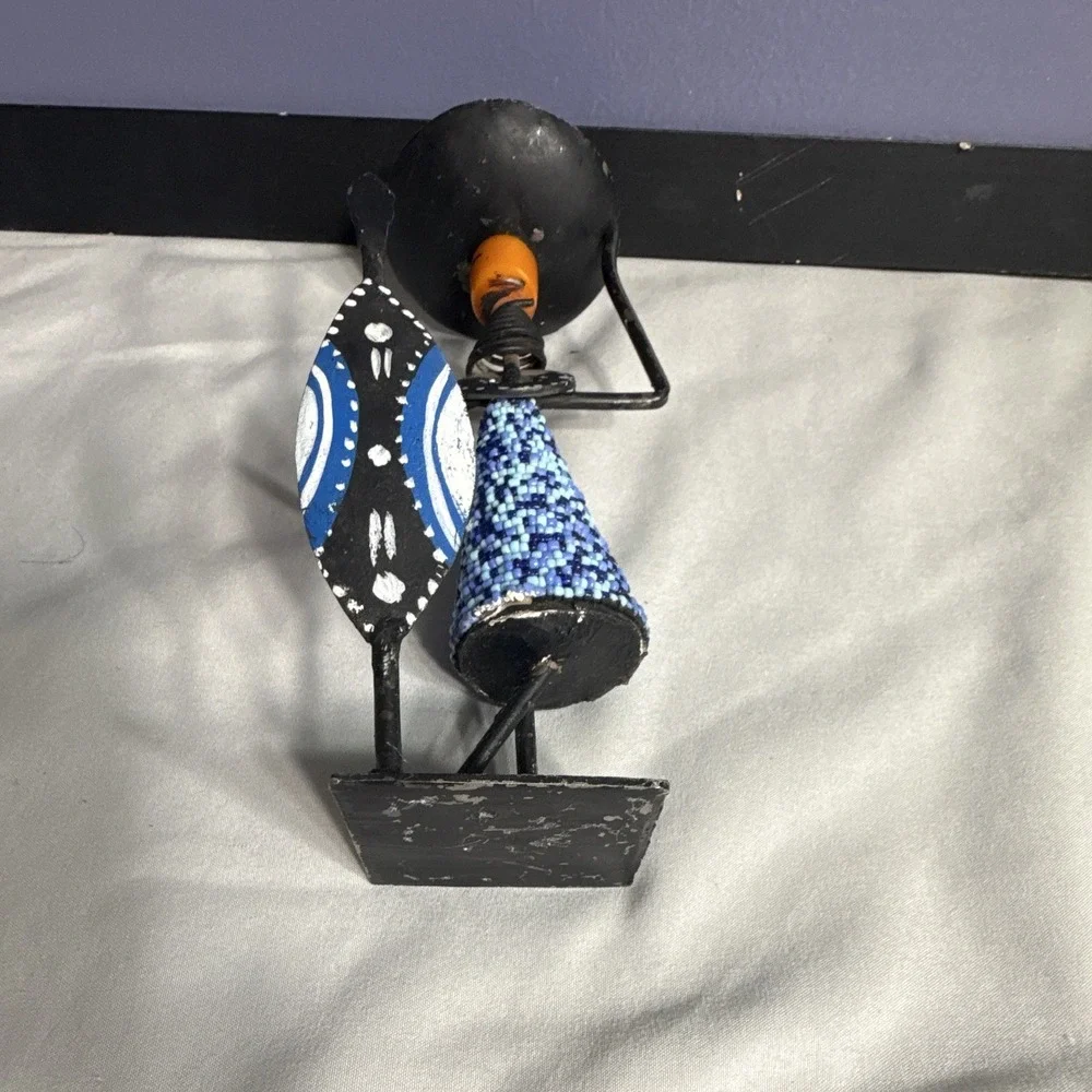 African Style Figure Candle Holder, Hand-Painted Geometric Metal, 10 in